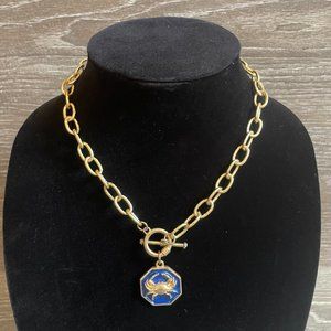 FORNASH Gold tone Octagonal Blue Crab Necklace